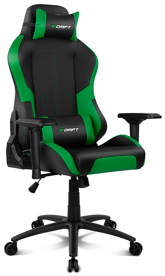 Silla gaming negra con detalles verdes. Tiene reposacabezas, soporte lumbar y reposabrazos. La base es negra.