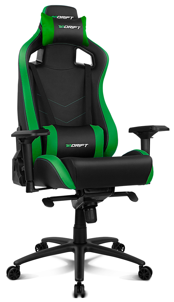 Silla gaming, negra con detalles verdes, reposacabezas y reposabrazos.