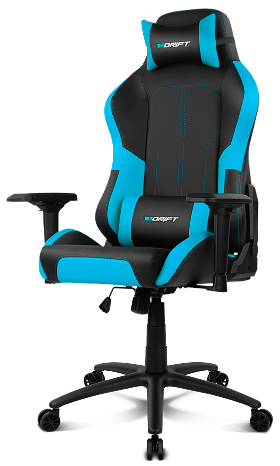 Silla gaming, negro con detalles azules, reposacabezas y reposabrazos.