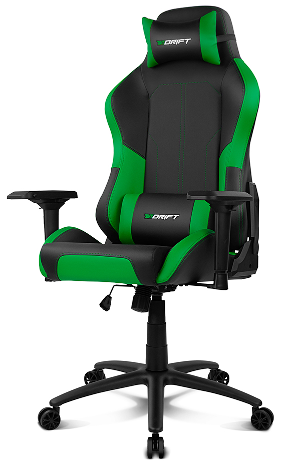 Silla gaming con asiento negro, detalles verdes y reposacabezas.