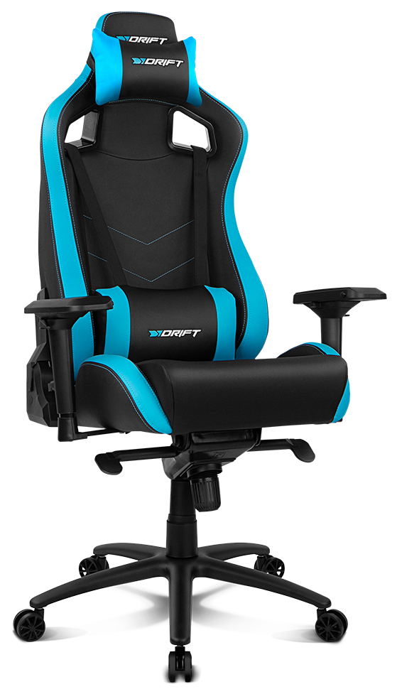 Silla gamer negra y azul con logo "DRIFT".