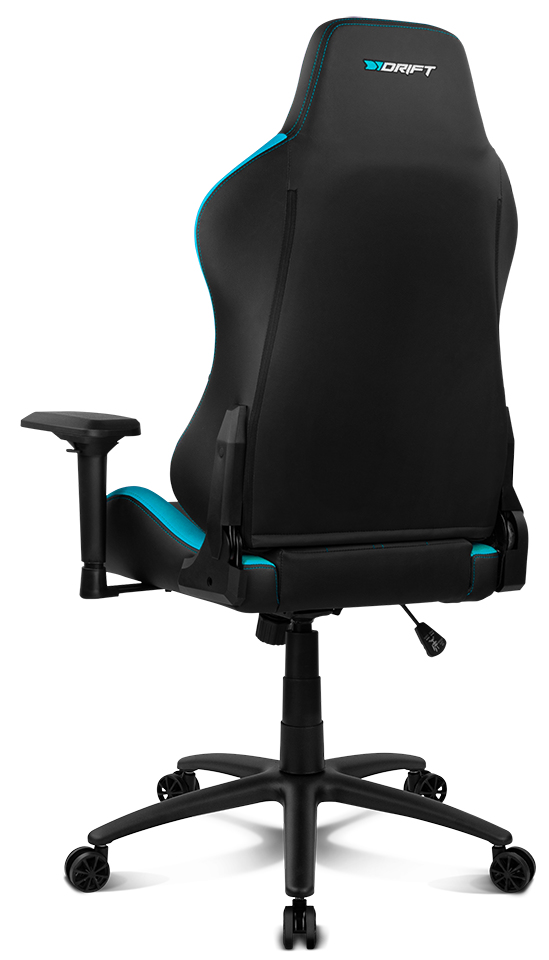 Una silla gaming negra y azul desde la parte trasera.