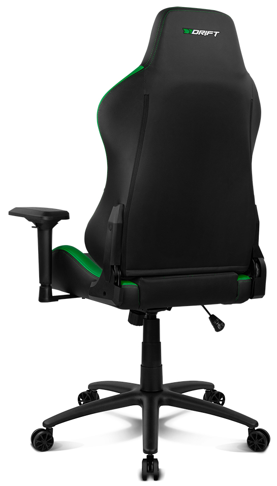 Silla gaming negra, vista trasera, acentos verdes, costuras verdes y la palabra DRIFT en la espalda.