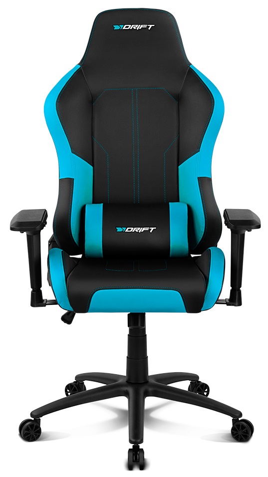 Una silla gaming negra y azul, vista frontal.