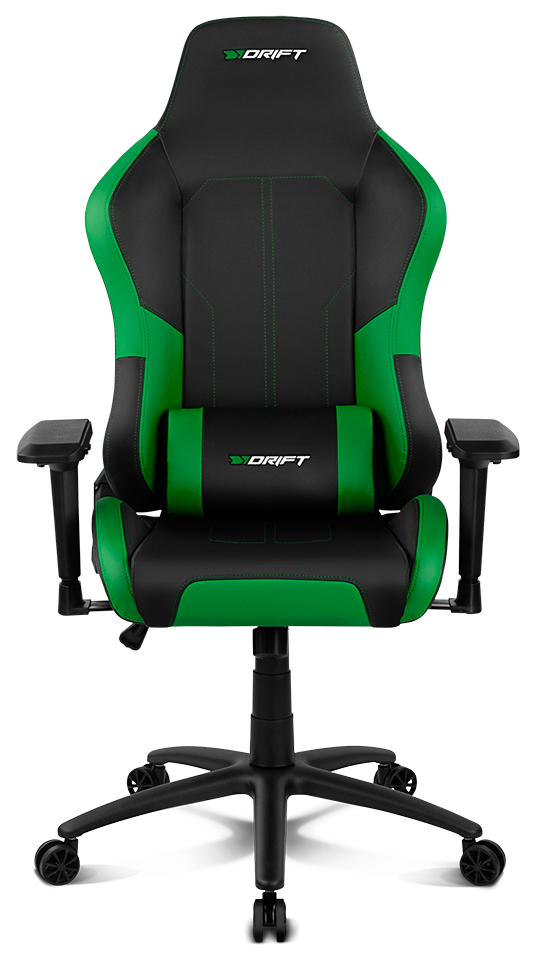 Silla gaming negra y verde. Acentos y costuras verdes. Logotipo DRFIT. Base negra con ruedas.
