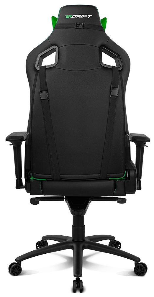 Silla gaming negra, vista trasera. Con detalles verdes, correas y base negra con ruedas.