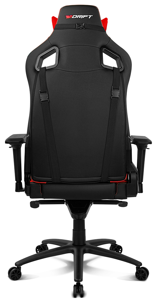 Silla gaming negra y roja, vista trasera, con correas y ruedas.