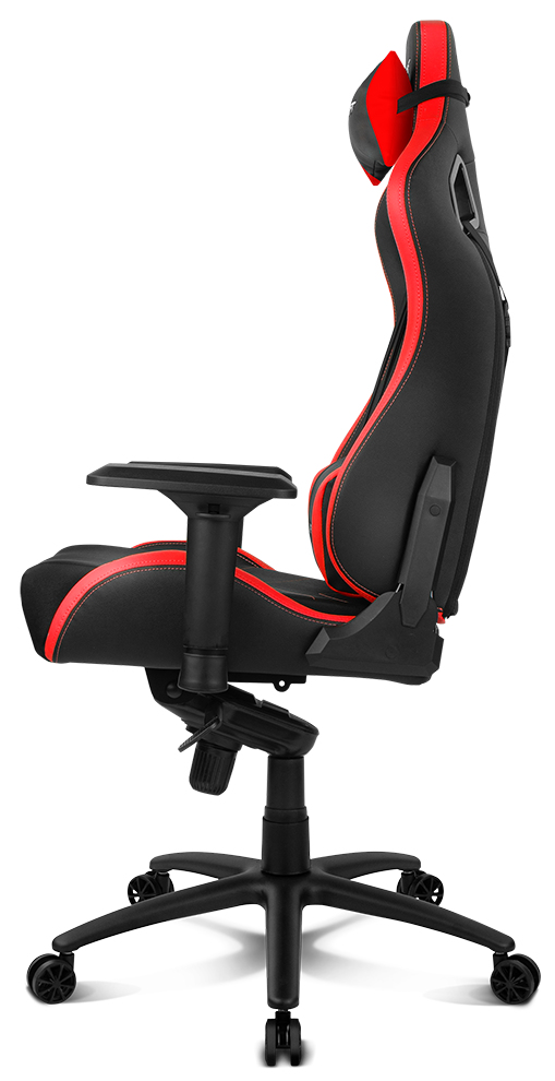 Una silla gaming negra y roja. Se muestra de lado. Tiene reposacabezas, reposabrazos y base de cinco ruedas.