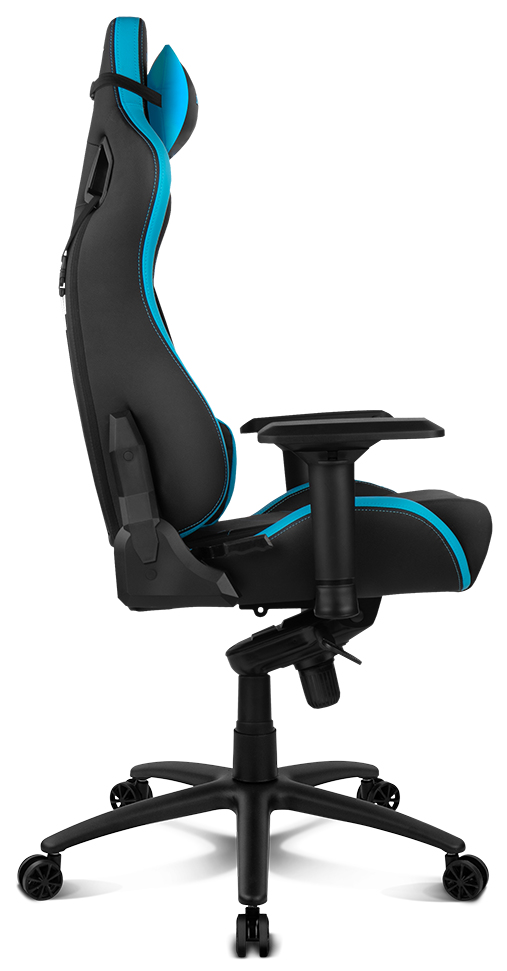 Silla gaming con diseño negro y azul, vista lateral.