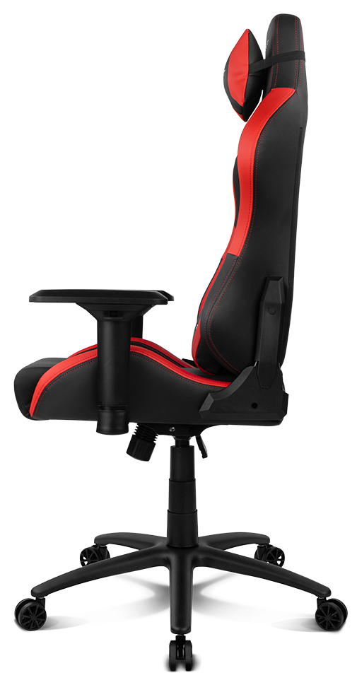 Silla gaming, roja y negra, con reposacabezas y reposabrazos ajustables.