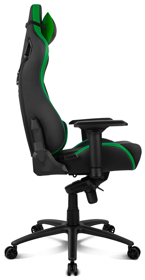 Una silla gaming negra y verde en vista de perfil. La silla tiene un respaldo alto.