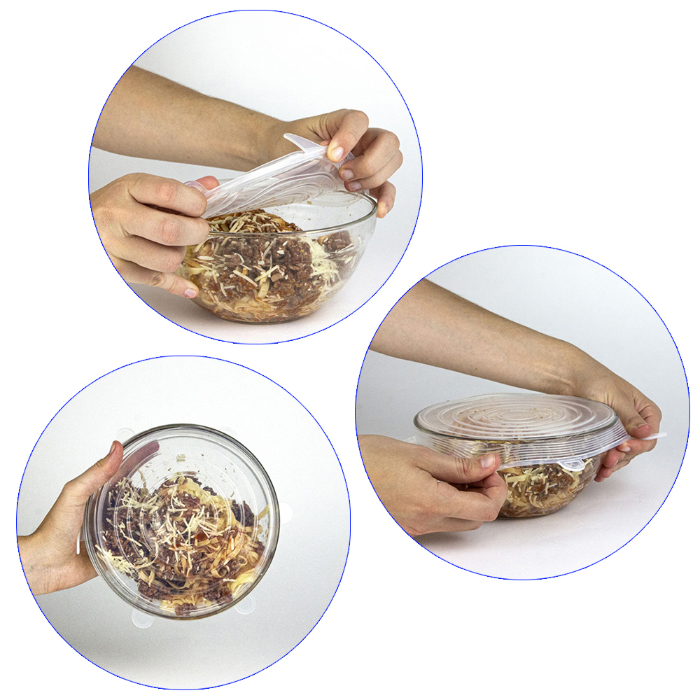 Tres imágenes que muestran manos usando tapas de silicona para cuencos en pasta con salsa.