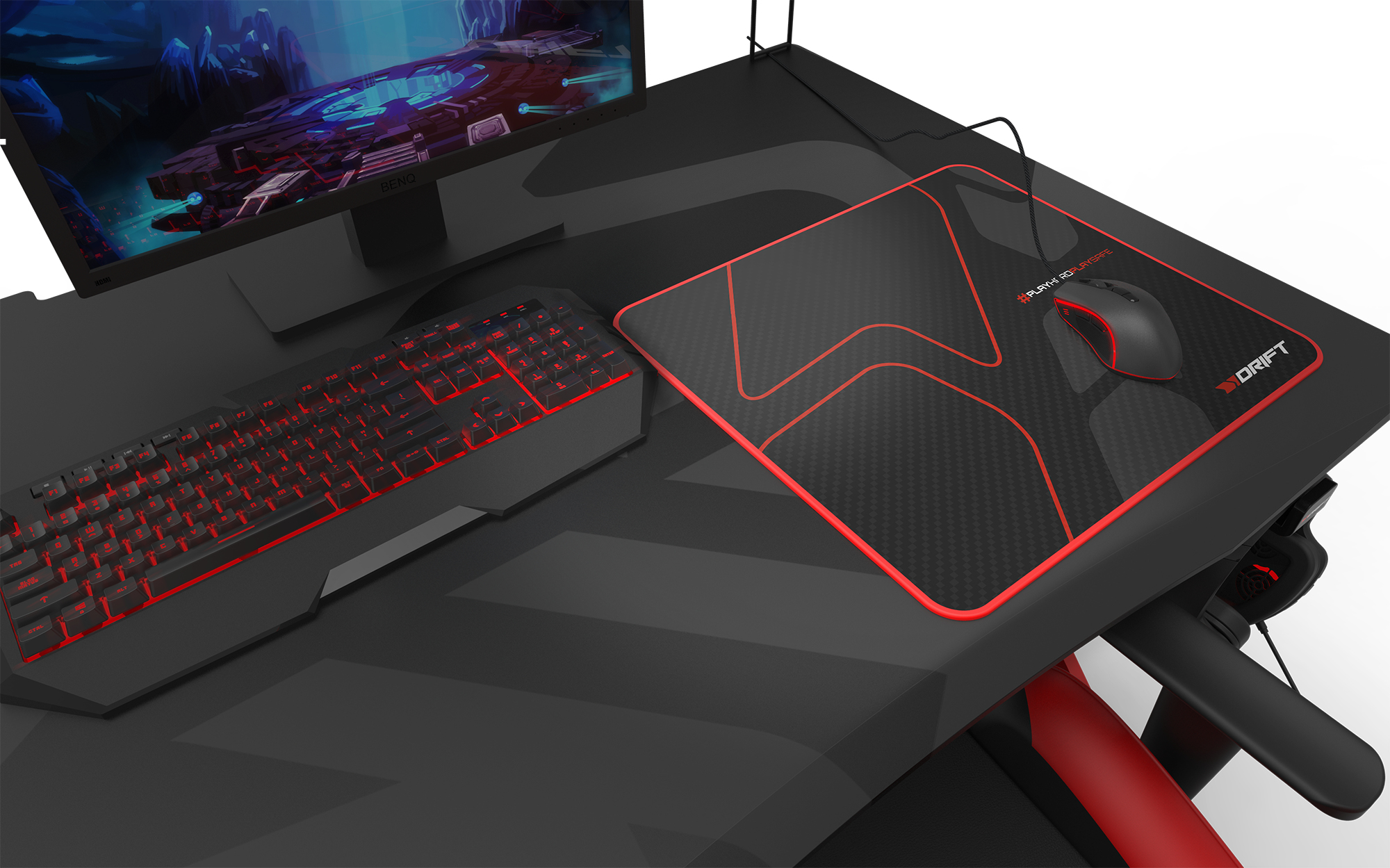 Alfombrilla gaming - Drift DRMOUSEPADV2, Caucho antideslizante, 450 mm x 400 mm, Bordes cosidos, Negro, Rojo