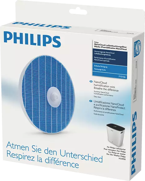 Philips NanoCloud párásító szűrőcsomag. Kék szűrő látható. Szöveg a dobozon.