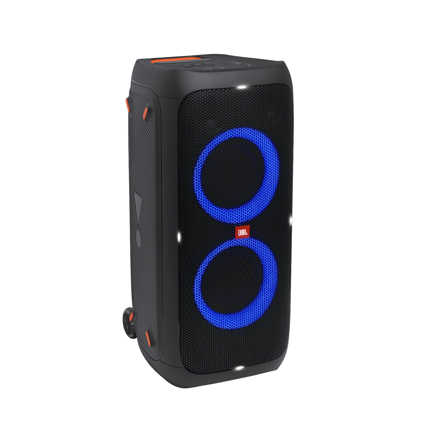 Schwarzer JBL-Lautsprecher mit zwei blauen Lichtringen. Orangefarbene Akzente. Weißer Hintergrund.