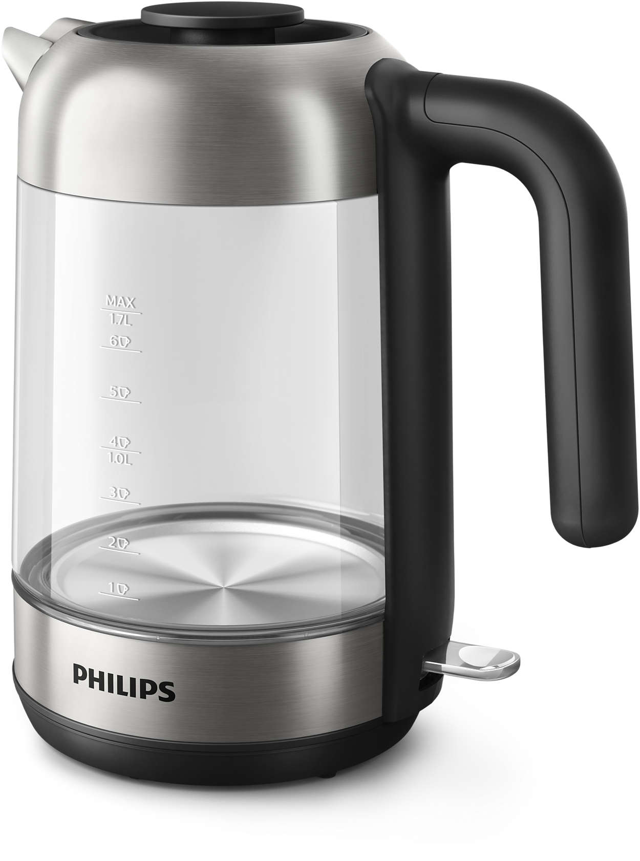 A stainless steel Philips electric kettle with a black handle and a clear water level indicator.