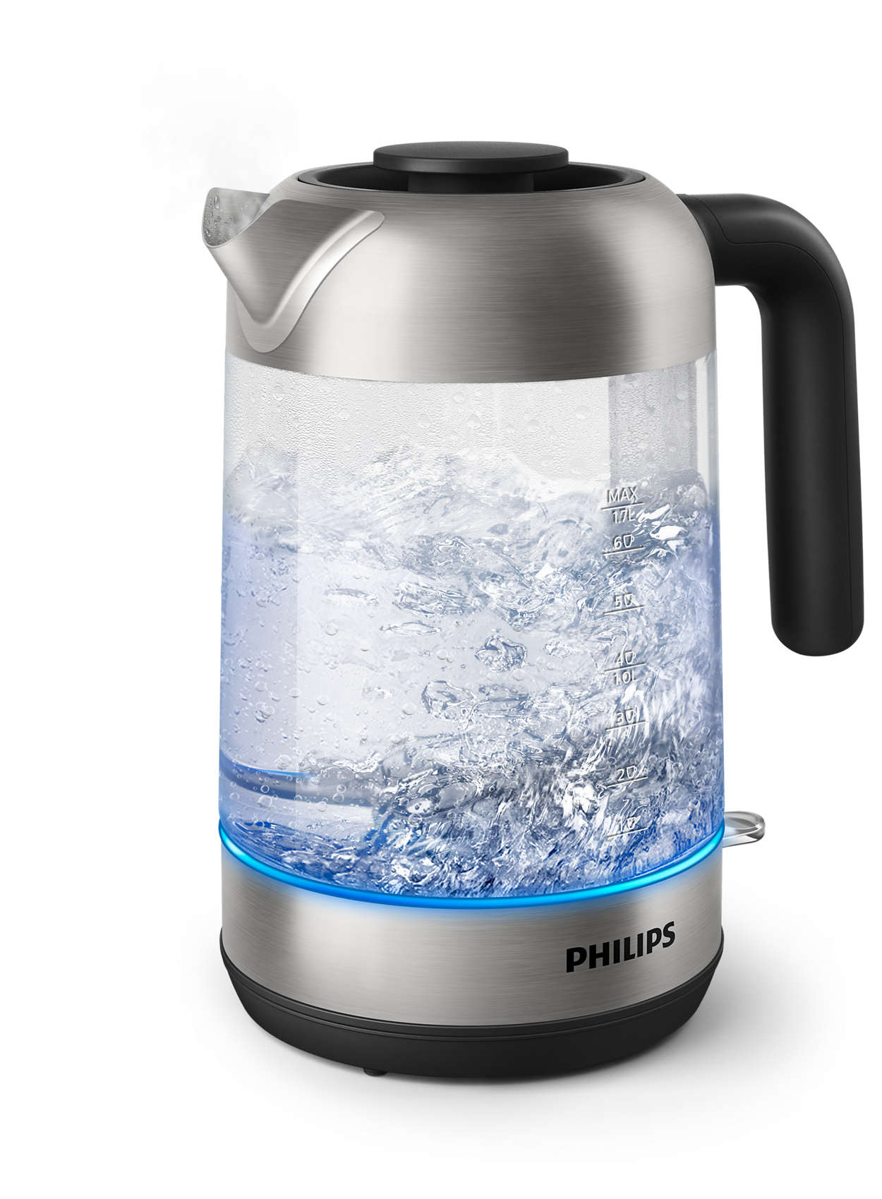 A silver and glass electric kettle with boiling water and a blue light base.