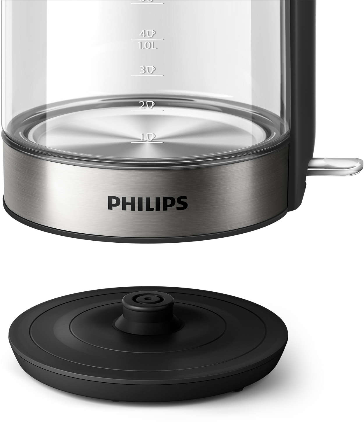 Close up of the bottom of a silver and glass electric kettle with a black base.