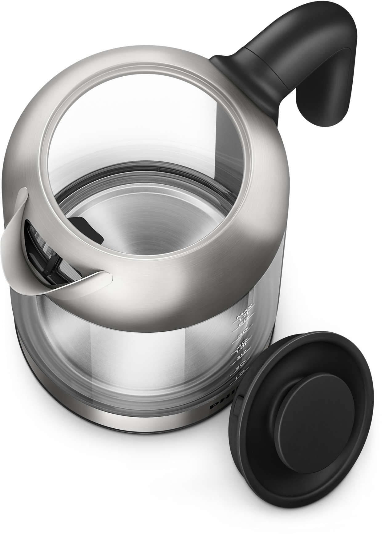 A silver and glass electric kettle, with the lid open, and a black handle.