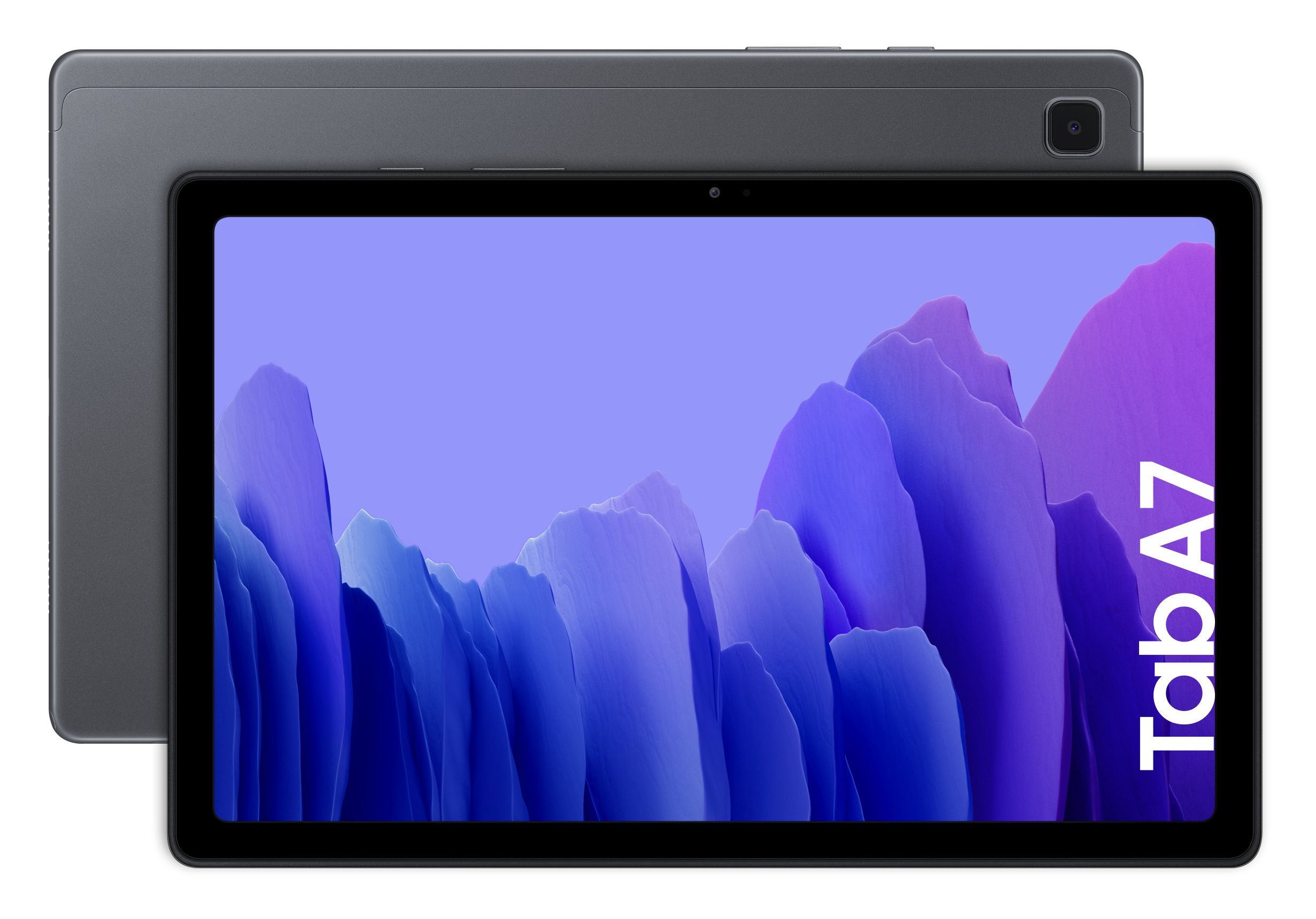 Una tableta, vista frontal y trasera, con pantalla morada y el texto 'Tab A7'.