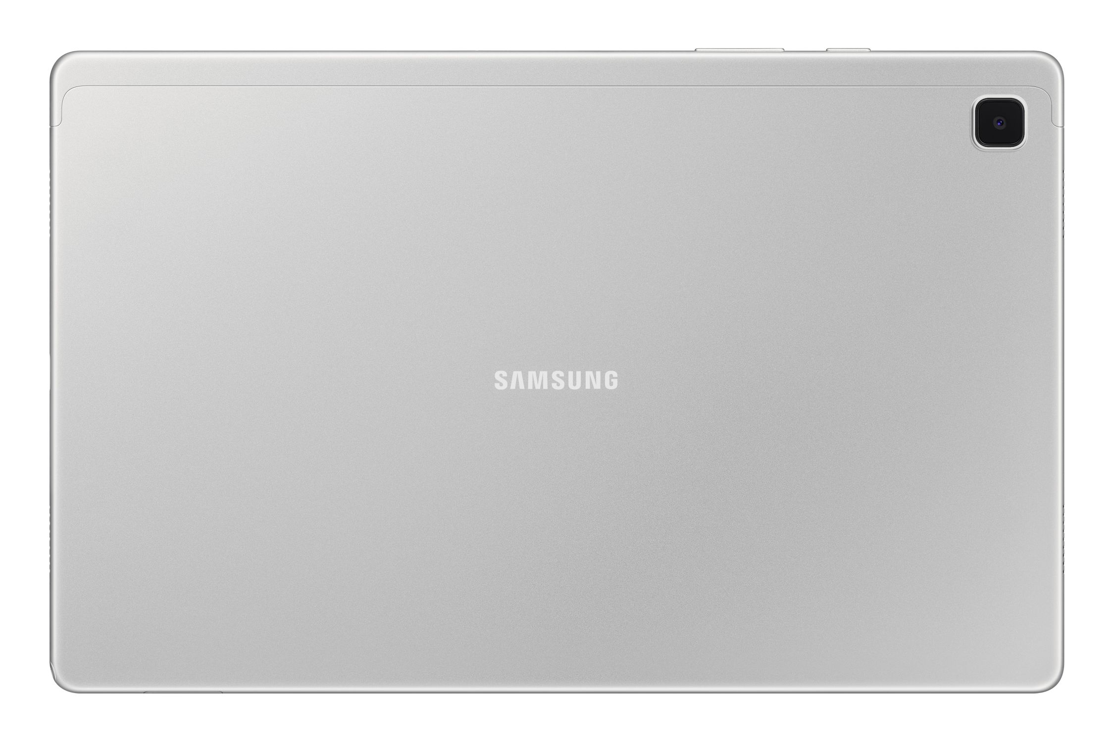 Parte trasera de tableta Samsung plateada. Cámara en la esquina superior derecha. Logotipo de Samsung en el medio.