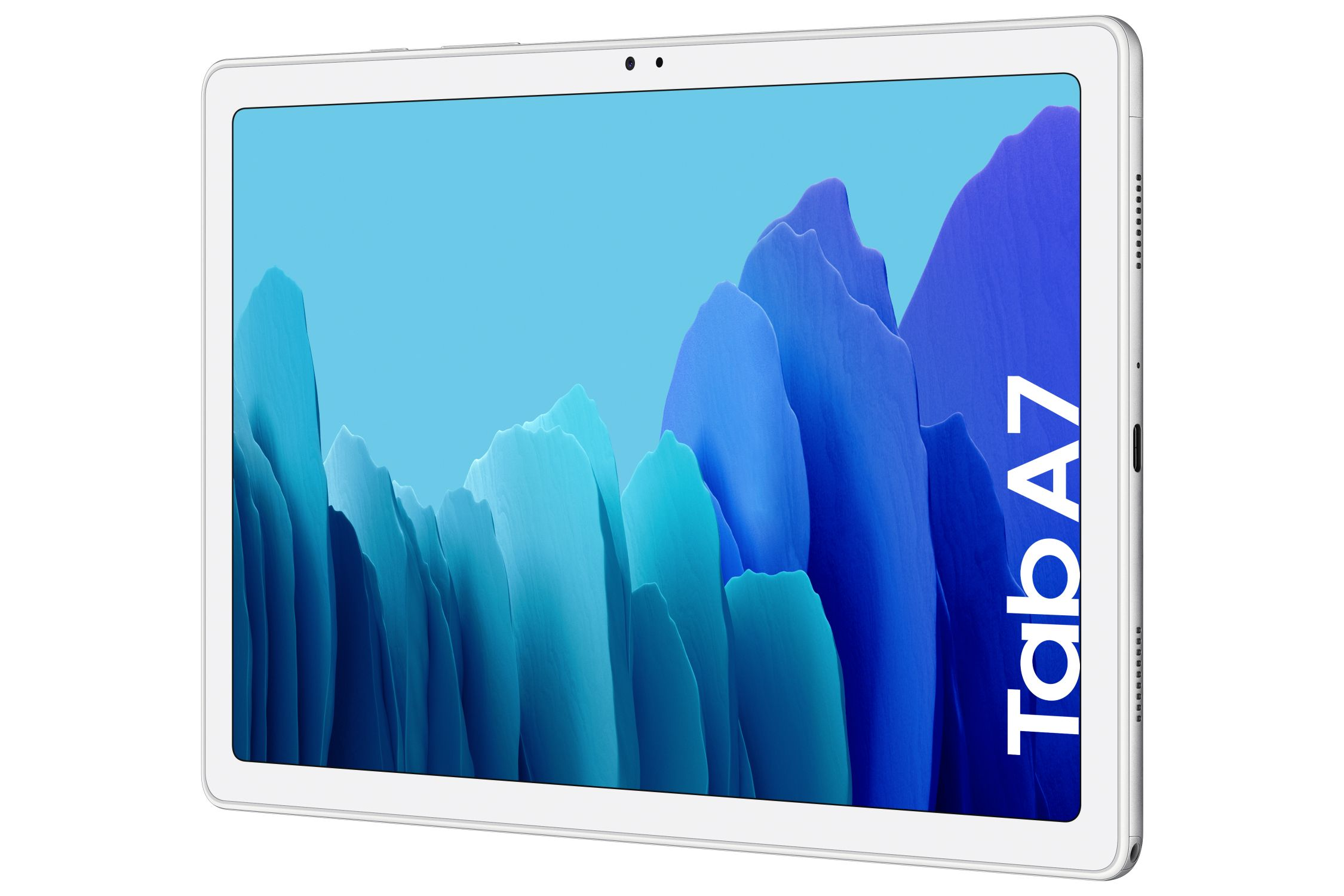 Tableta Samsung Galaxy Tab A7 blanca con fondo abstracto azul y blanco.