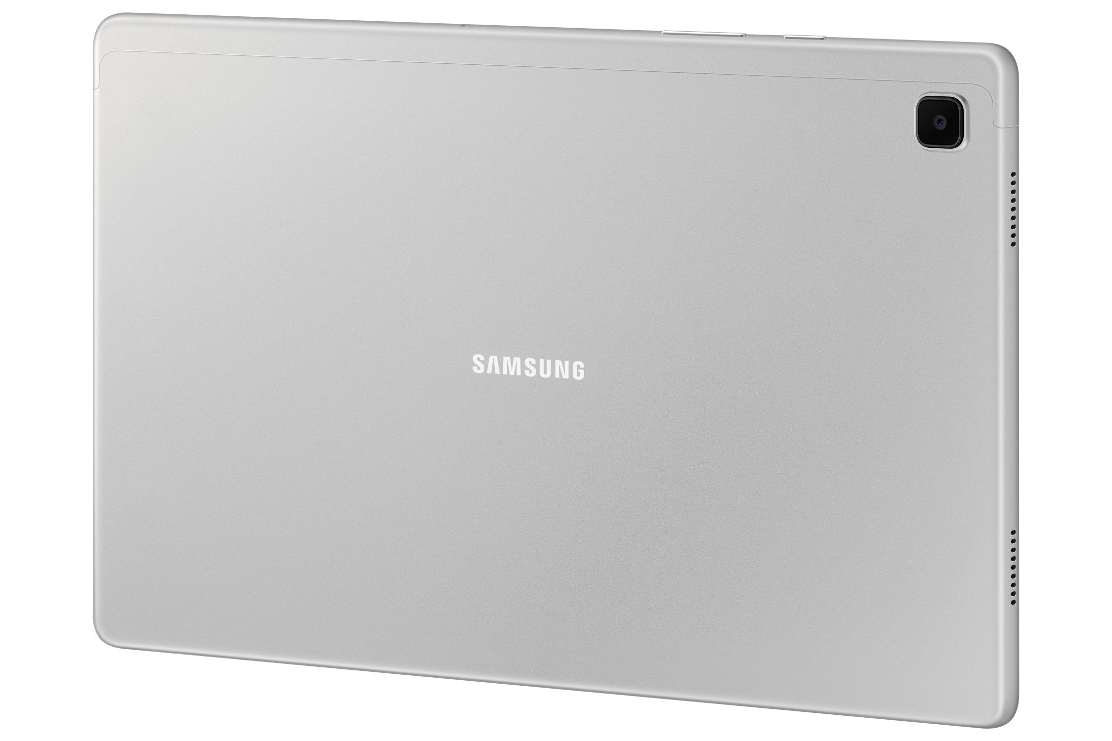 Parte trasera de tableta plateada. Logotipo de Samsung, lente de cámara y rejillas de altavoz visibles.