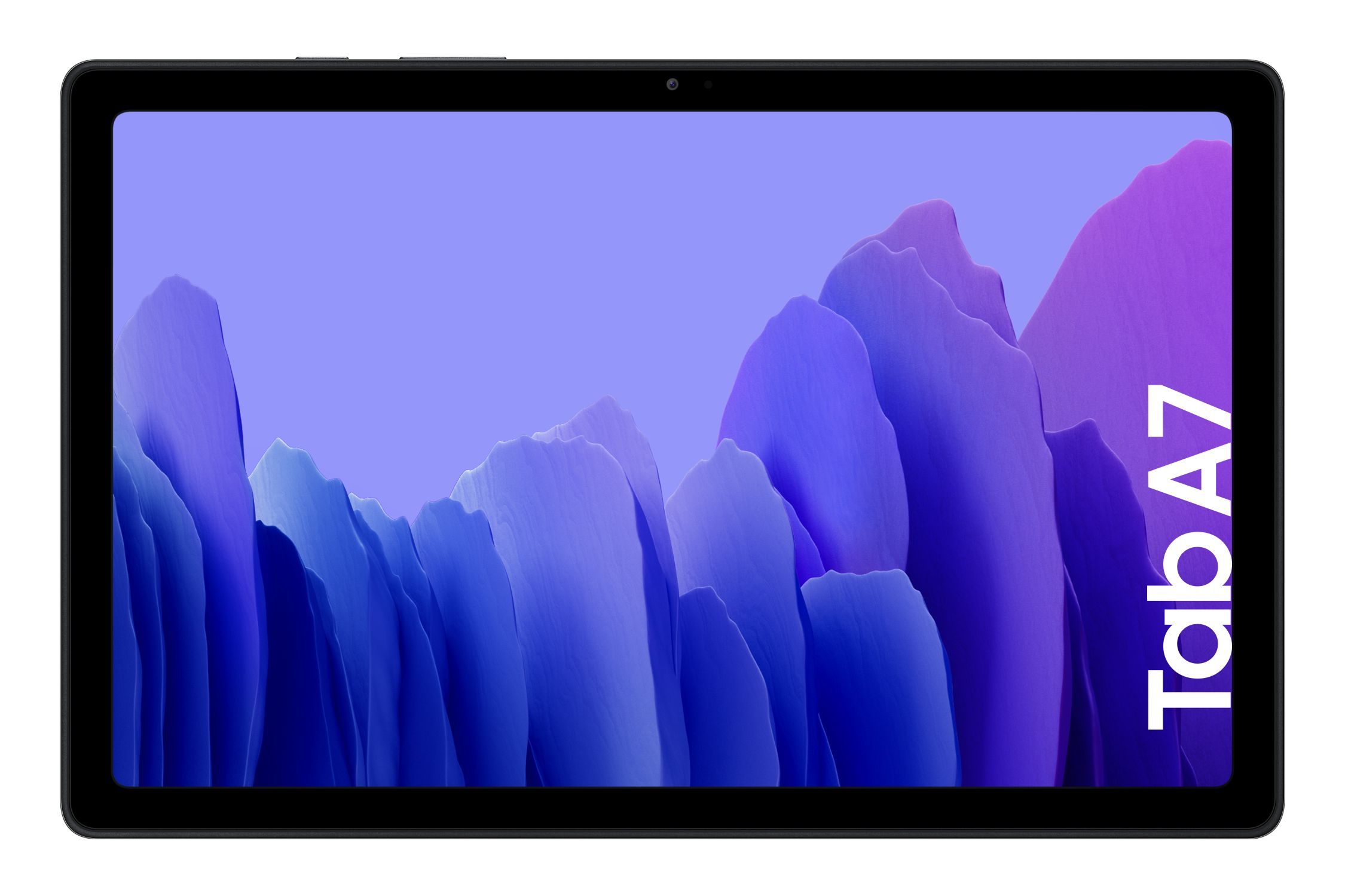 Tableta negra, la pantalla muestra un paisaje abstracto azul y morado con texto blanco.