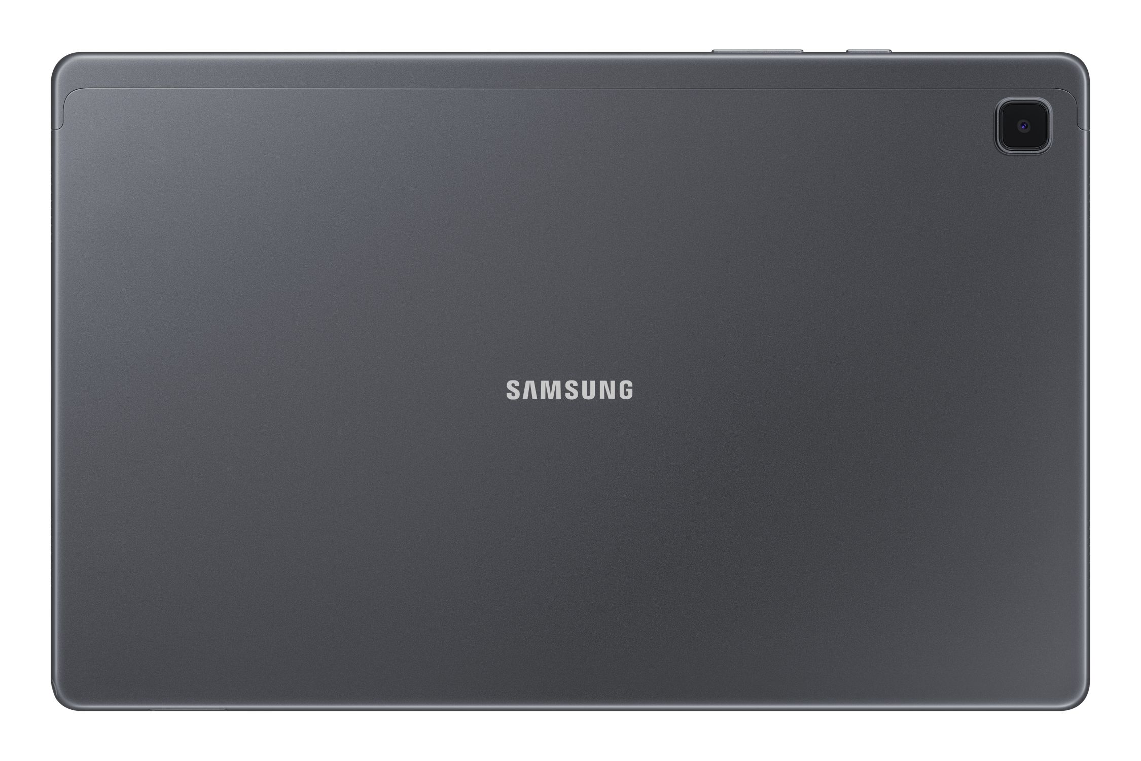 Una tableta gris oscuro, mostrando la parte trasera, con una lente de cámara y el logotipo de Samsung.