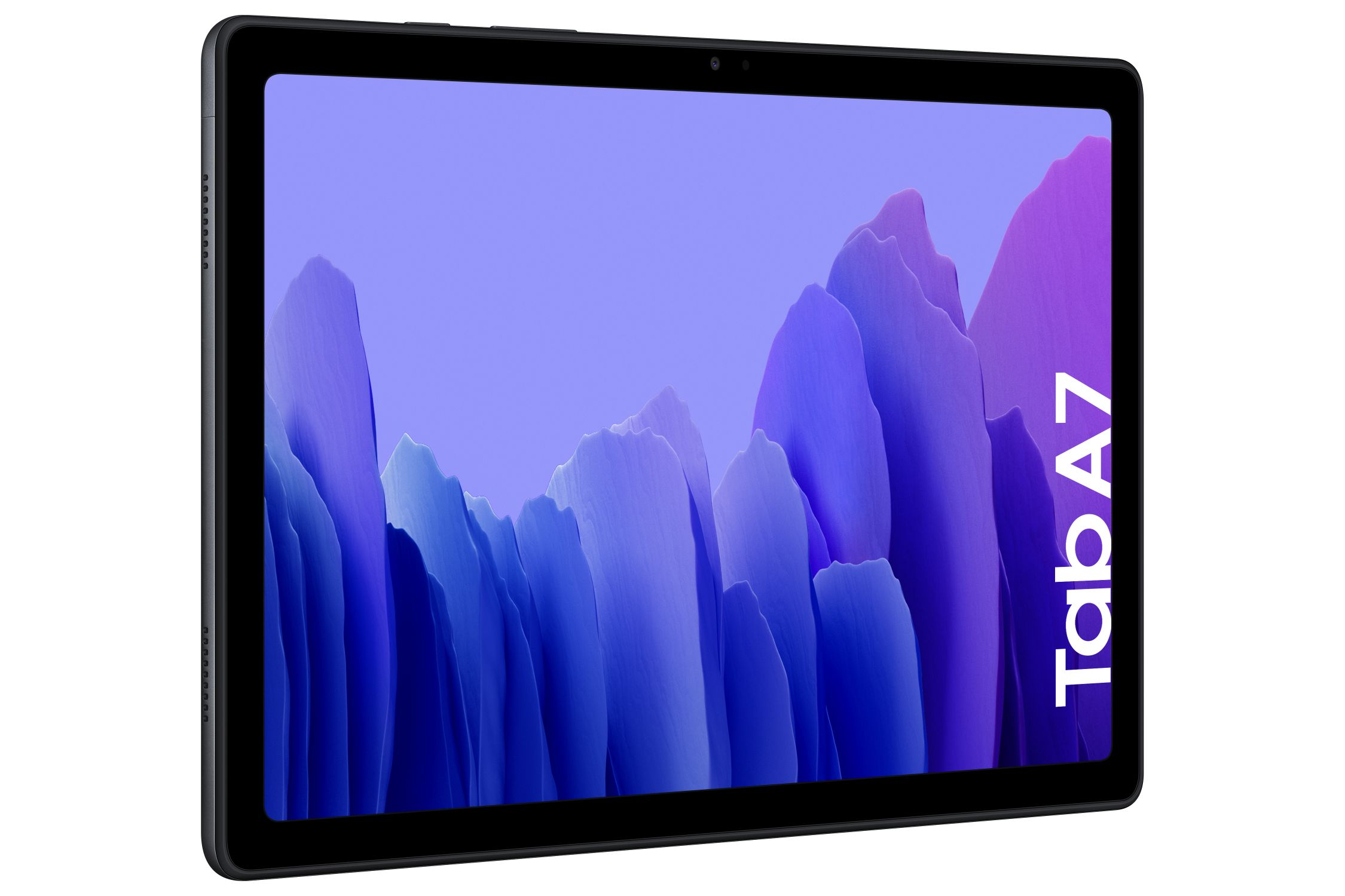 Pantalla de tableta negra mostrando gráfico de montaña púrpura. Texto Tab A7 visible.
