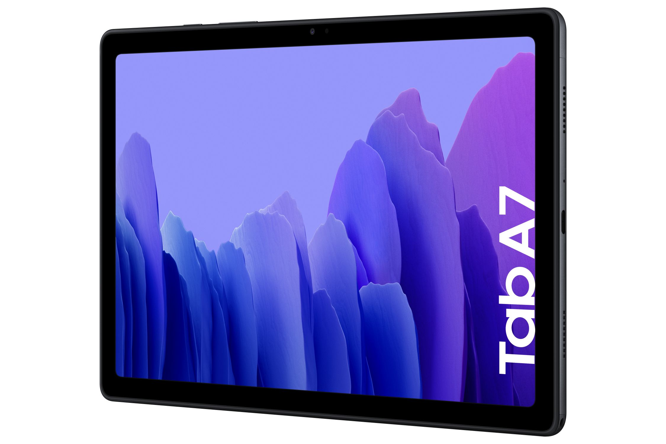 Tableta negra con pantalla grande mostrando imagen abstracta morado-azul, texto Tab A7.