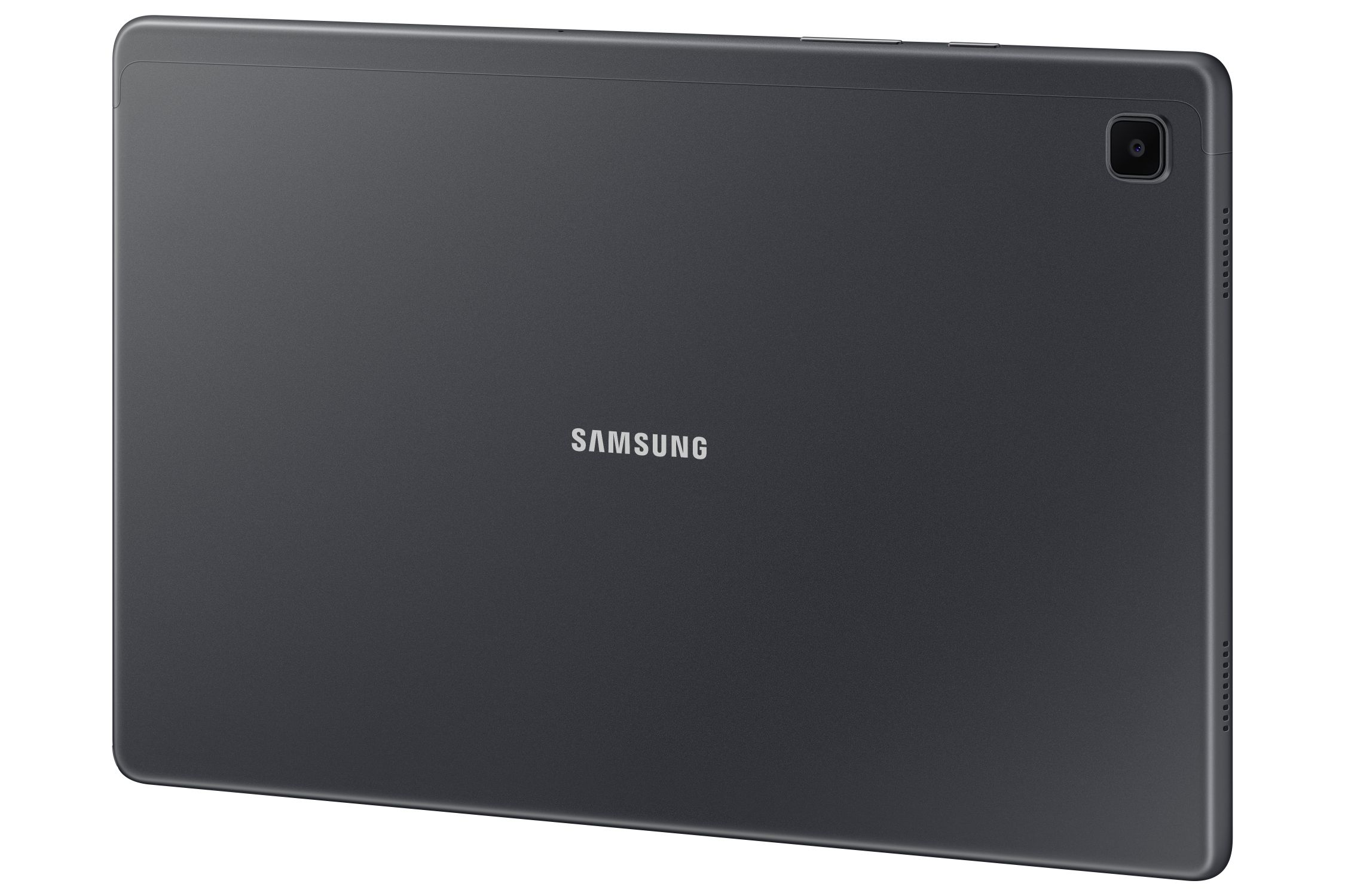 Parte trasera de tableta gris oscuro con cámara y logotipo de Samsung, vista en ángulo.