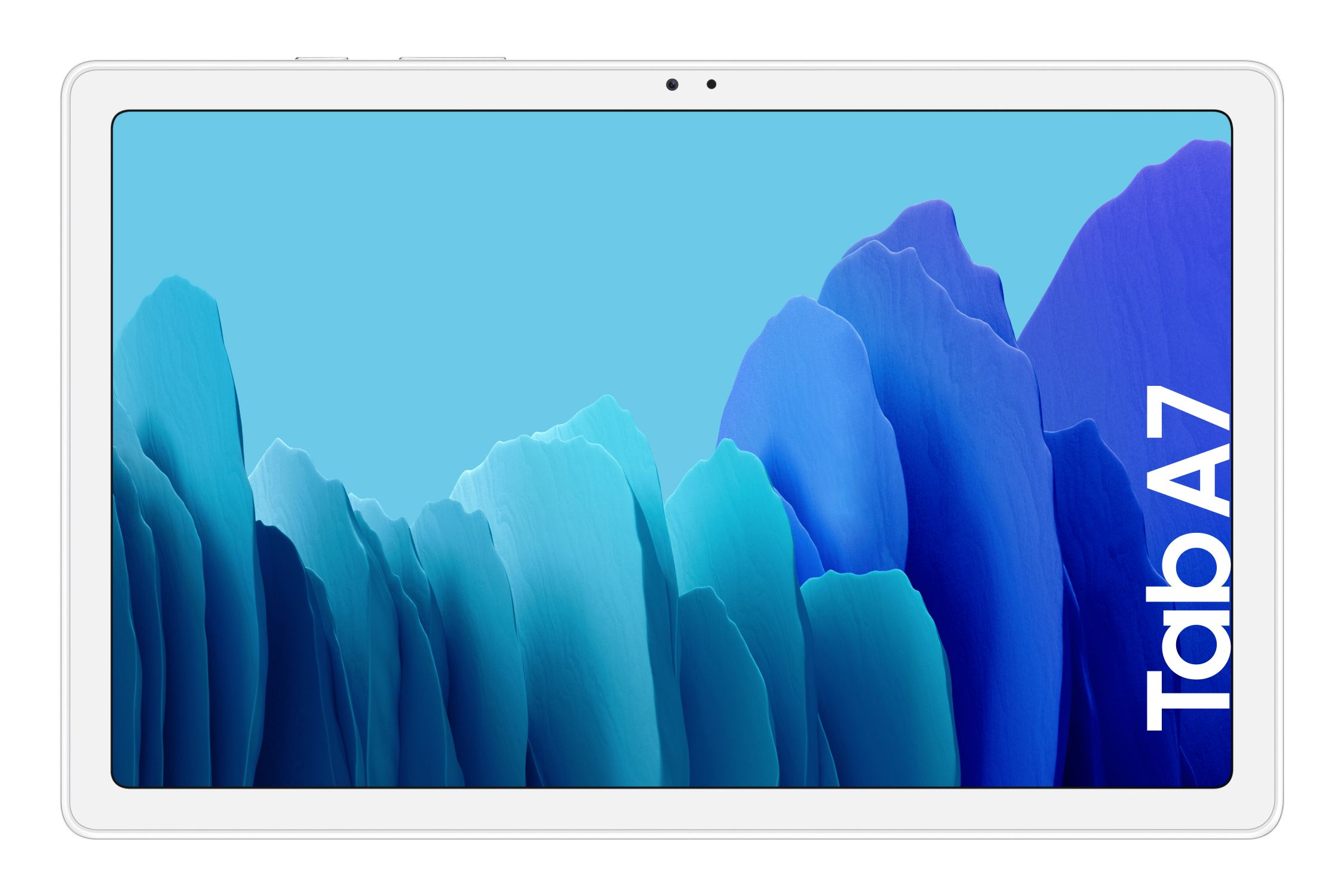 Una tableta blanca con un fondo abstracto azul y blanco en la pantalla.