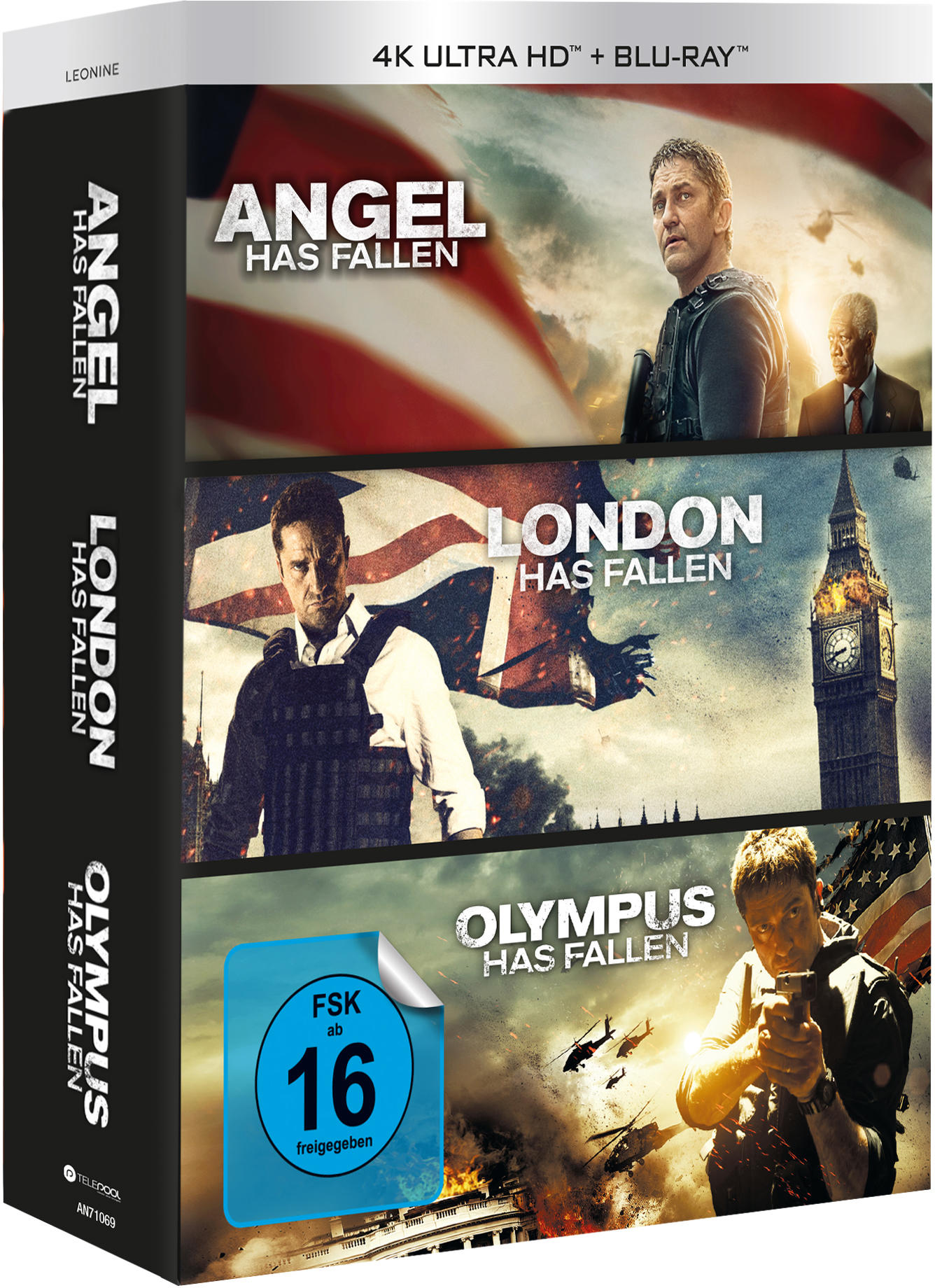 Eine DVD-Box-Set der 'Has Fallen'-Trilogie mit Bildern von Gerard Butler.