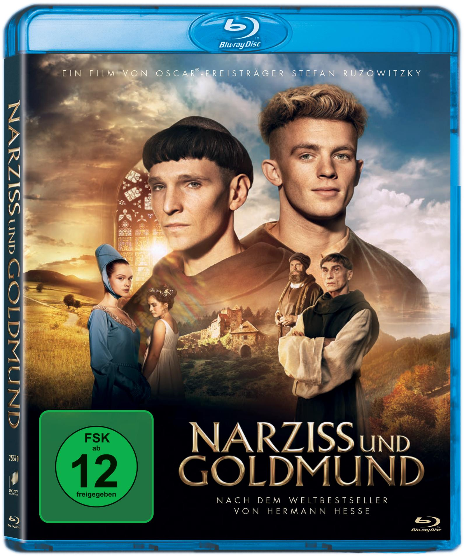 Das DVD-Cover des Films Narziss und Goldmund. Zwei Männer stehen vor einer Kirche.