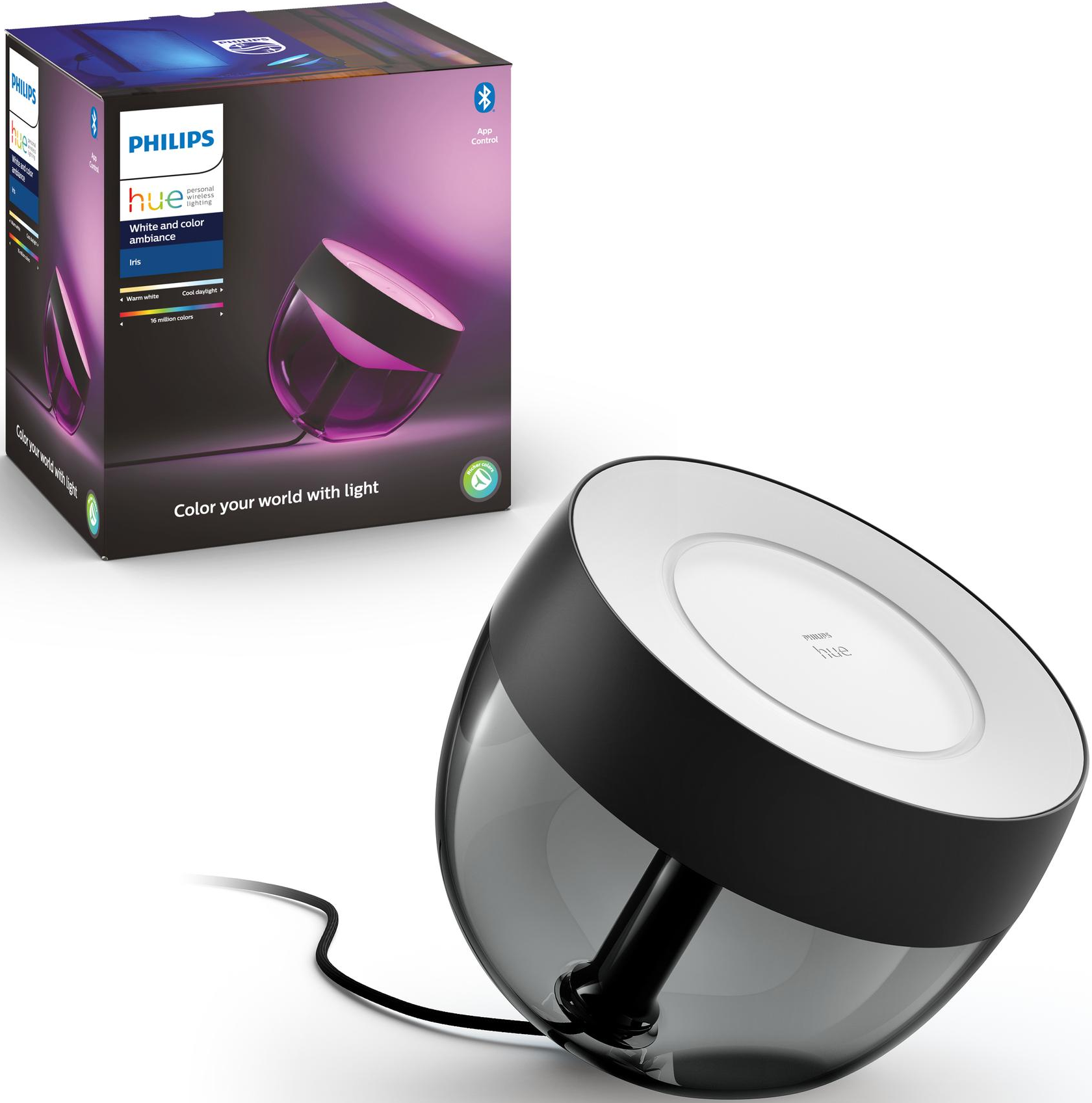 Lampe Philips Hue en boîte. La lampe est noire avec un dessus blanc et une lueur violette.