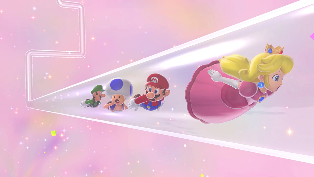 Mario, Luigi, Toad, and Princess Peach are in a clear tube in a colorful video game scene.