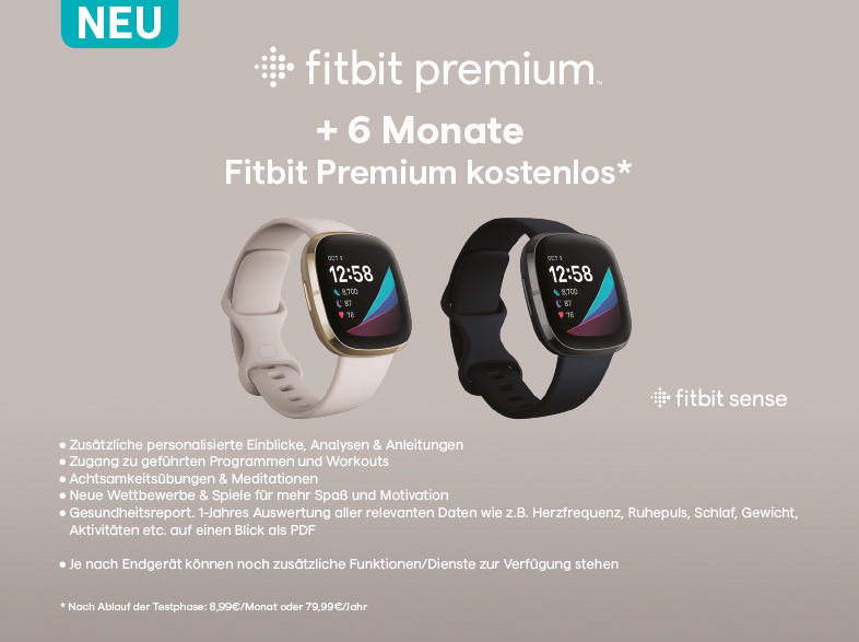 Fitbit-Uhren. Zwei Smartwatches werden mit einer Werbegrafik auf weißem Hintergrund gezeigt.
