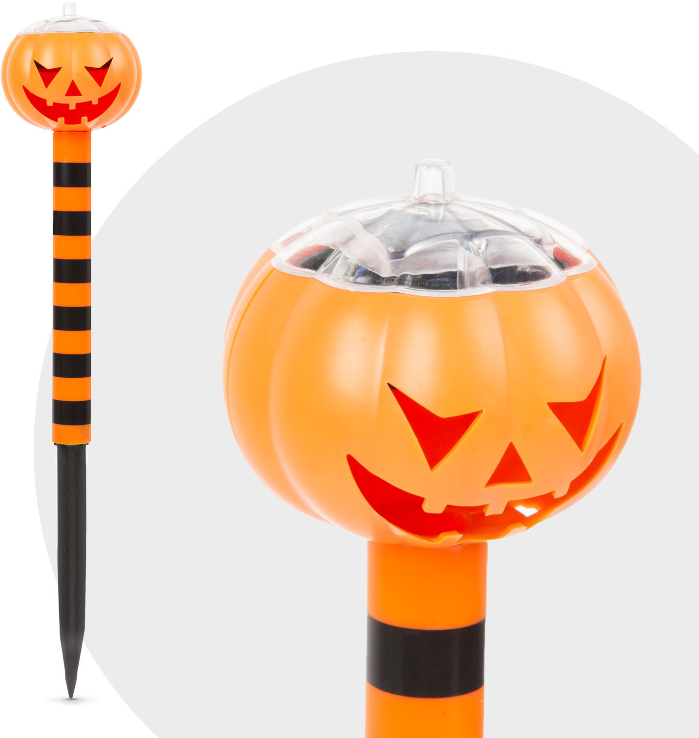 Halloween tök cövek. Narancssárga tökfej fekete-narancssárga csíkokkal. Fekete, hegyes cövek.