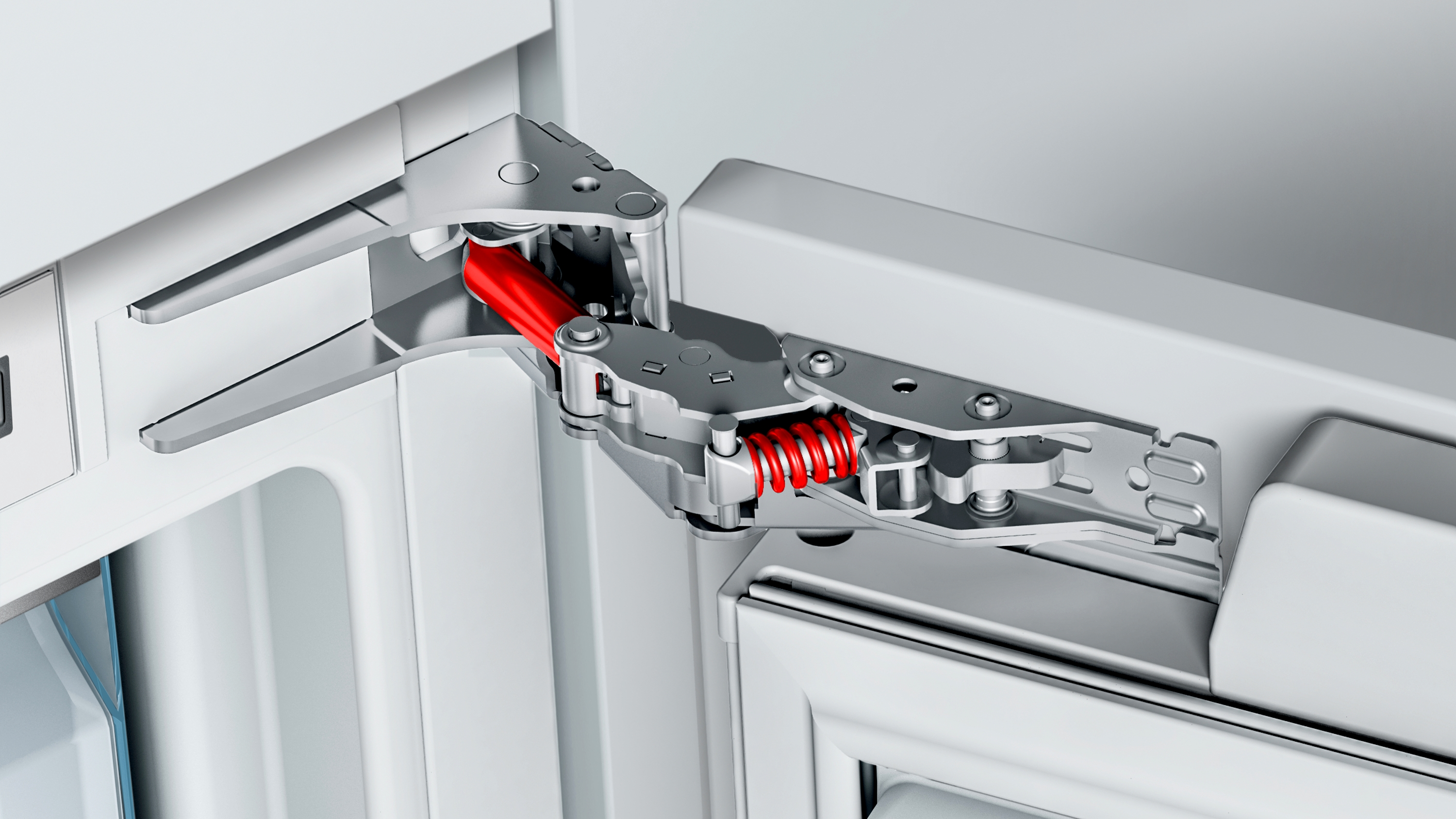 Kühlschrank-Scharnier, Nahaufnahme, mit roter Feder.