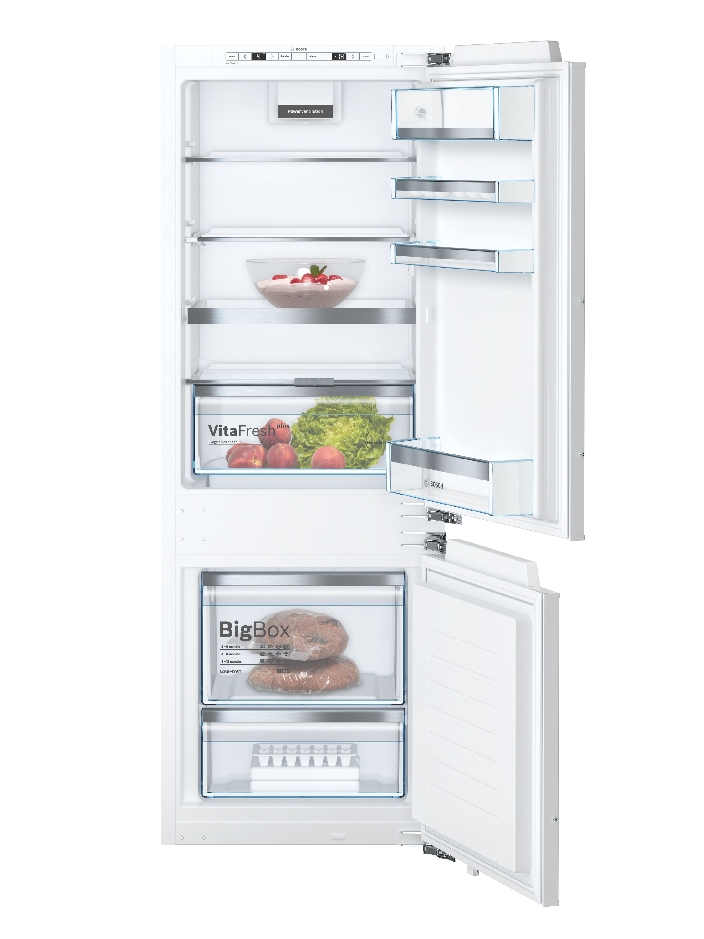Weißer offener Kühlschrank mit Regalen, Schubladen und verschiedenen Lebensmitteln.