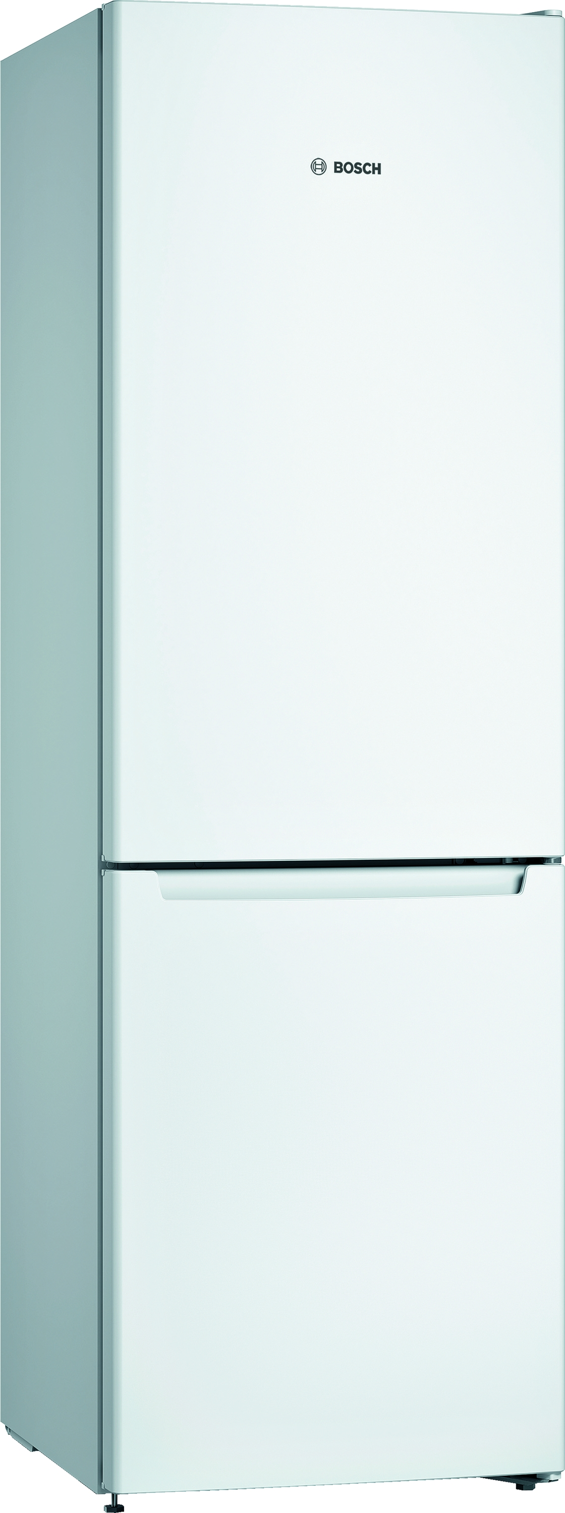 Weißer Kühlschrank mit zwei Türen. Die obere Tür ist etwas kleiner als die untere.
