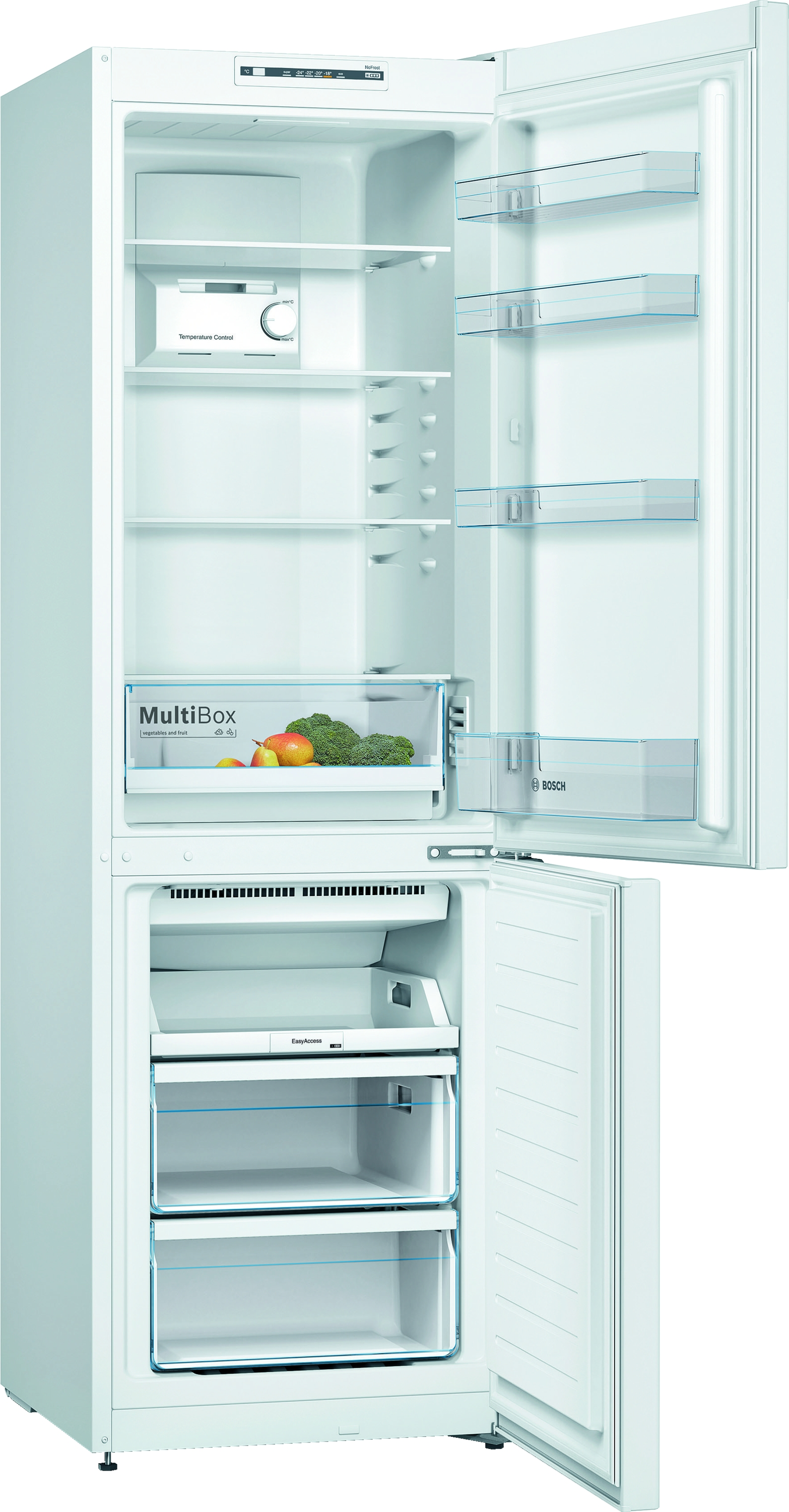 Ein weißer Kühlschrank mit geöffneten Türen, die Regale und Schubladen zeigen.