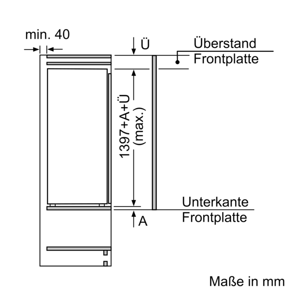 Diagramm des Kühlschranks, zeigt Maße und Messungen in mm. Er hat einen oberen und unteren Teil.