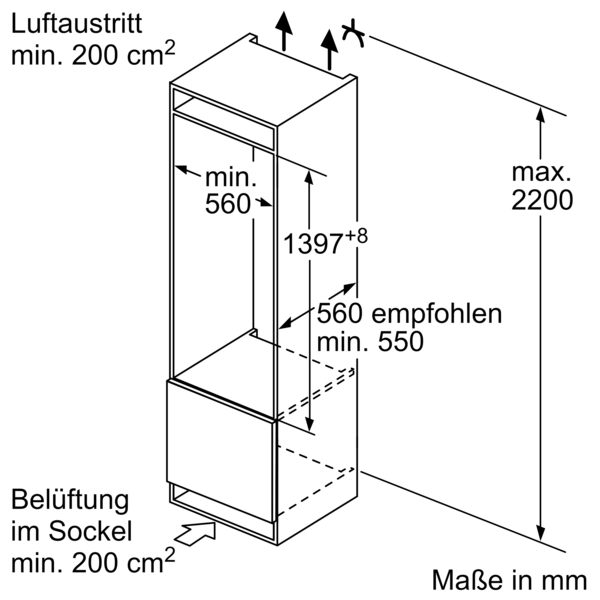 Diagramm eines Kühlschranks mit Abmessungen in mm, Details zur Luftzirkulation und Messungen.