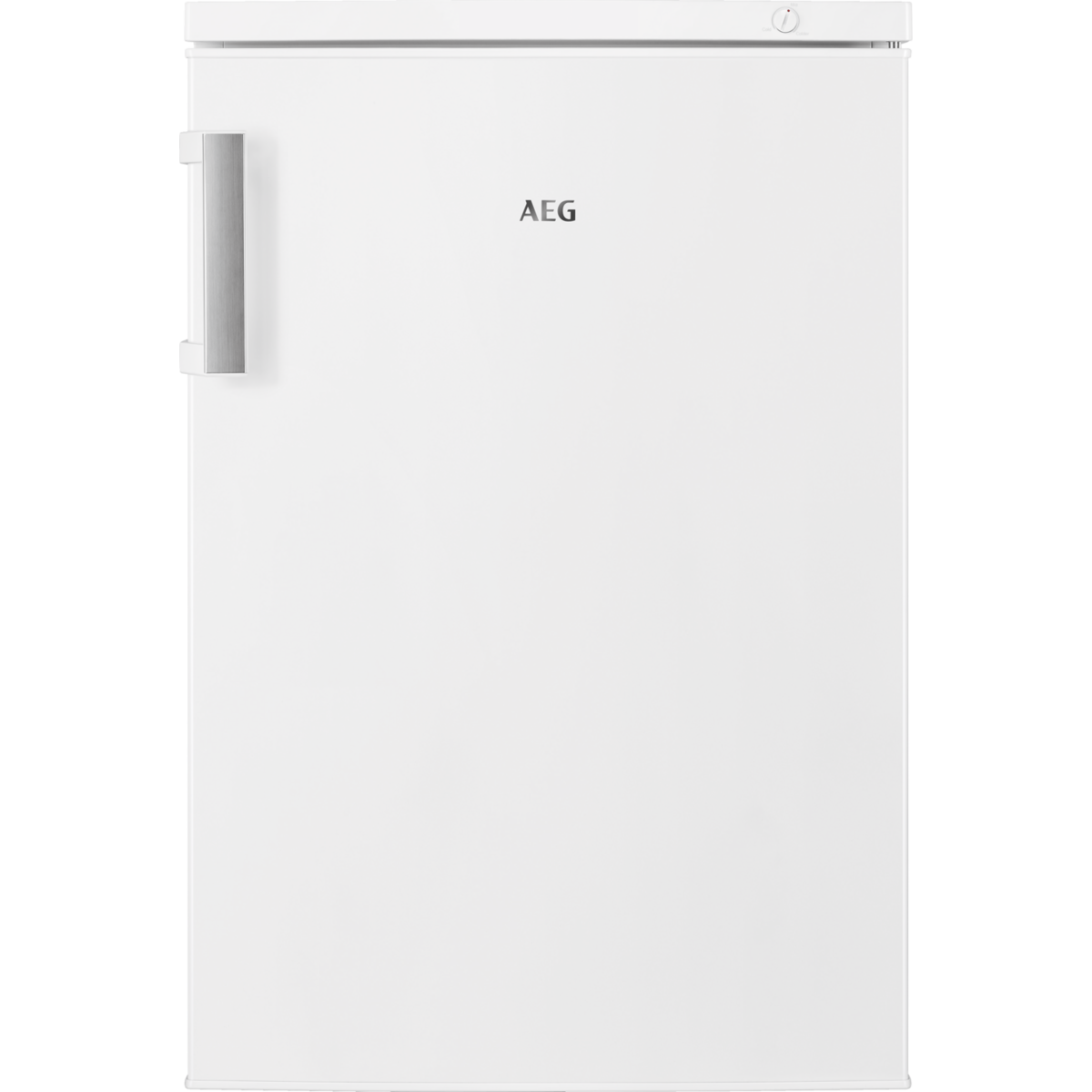 A white AEG refrigerator with a silver handle, seen from the front, black background.