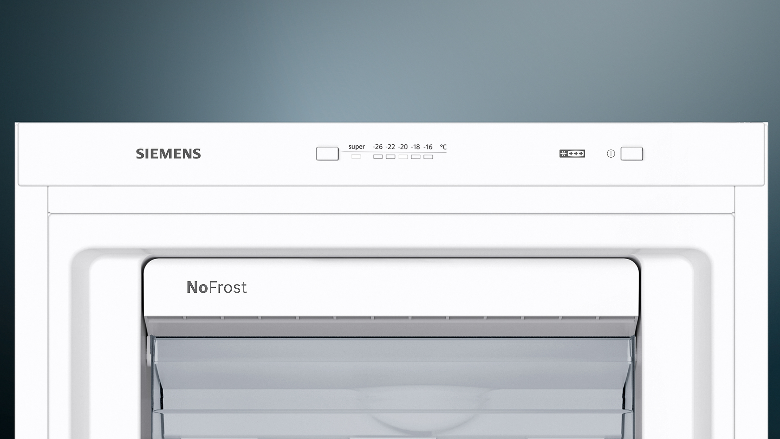 Weißer Siemens-Gefrierschrank. Oben Bedienelemente. Darunter eine Tür mit 'NoFrost' und Schubladen.