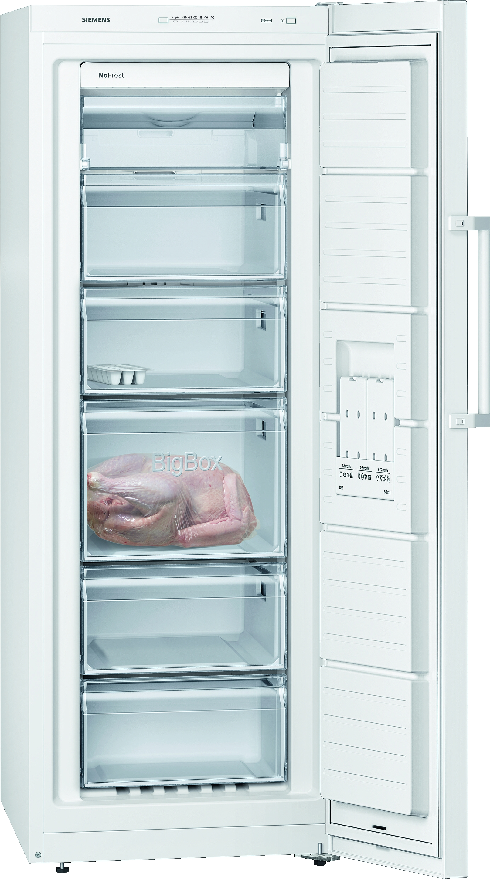 Ein weißer Siemens Gefrierschrank, mit offener Tür, zeigt Innenregale und Inhalt.