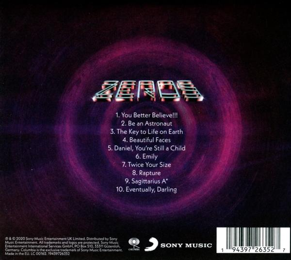 CD-Albumcover mit lila und schwarzem Hintergrund und Text 'ZEROS' in silbernen Buchstaben.