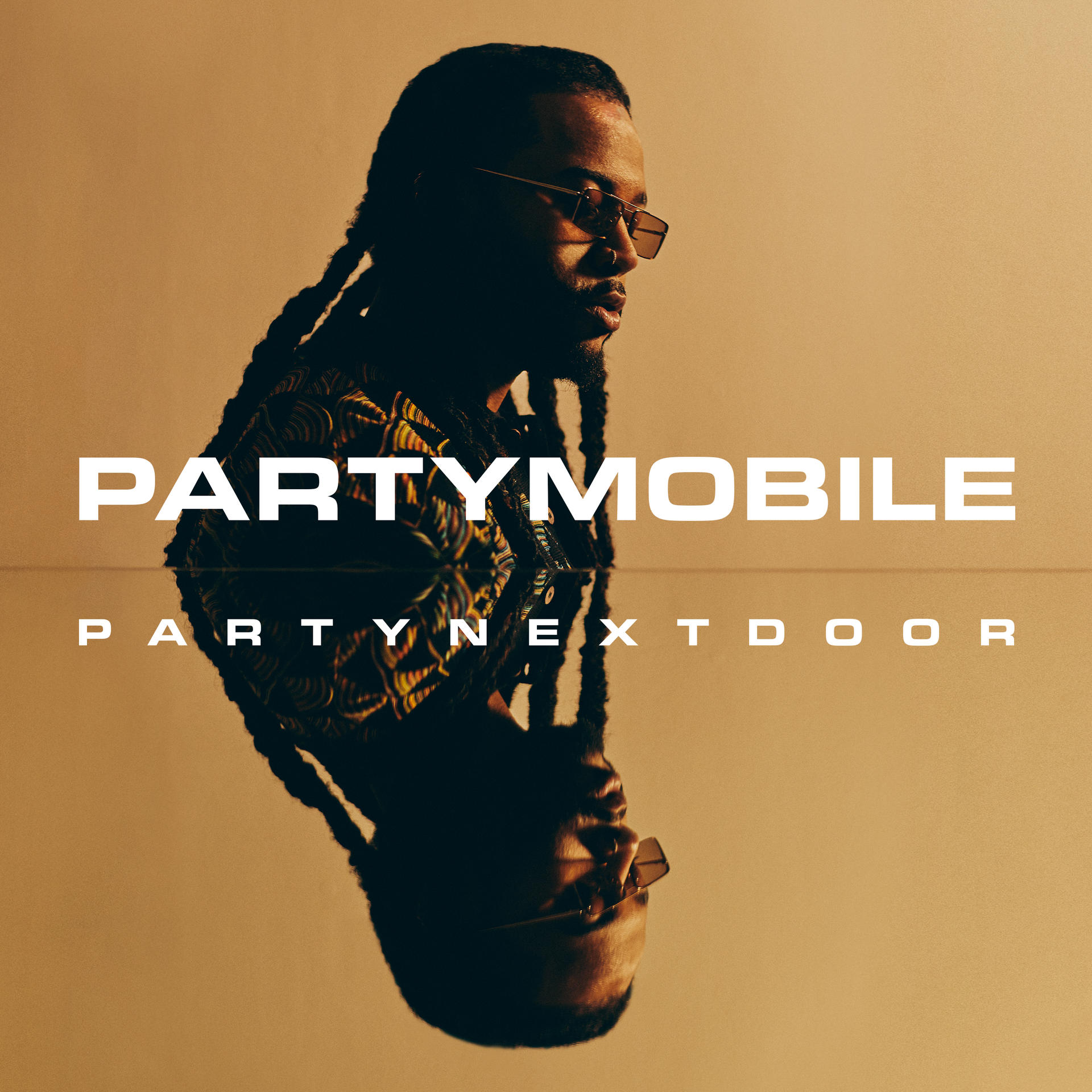 Albumcover für 'PartyMobile' von 'PartyNextDoor', mit einem Mann und dessen Spiegelbild.